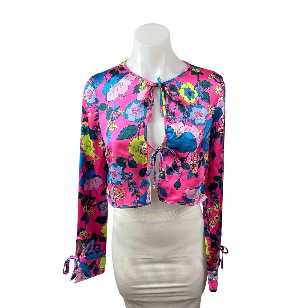 Zara Women's Pink Floral Cutout Keyhole Tie Long Sleeve Blouse Crop Top Size S